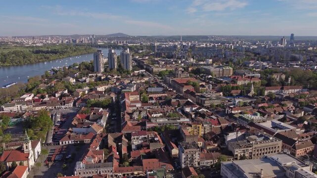 Drone view of Zemun municipality and Belgrade cityscape, capital of Serbia.