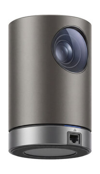 Vertical-standing mini projector with swivel base and Ethernet port.