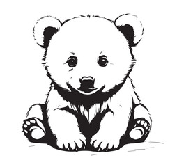 Black and White Baby Bear Cub Sitting - Cute Cartoon Animal Illustration Perfect for children's books, nursery decor, kids' merchandise, and playful branding. © Tiny Pixels 