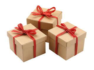 Three elegantly wrapped gift boxes, adorned with vibrant red ribbons and bows, are presented