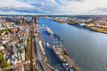 Fototapeta premium Hamburg, Germany - city center with all the sights on the shore with a view of ships