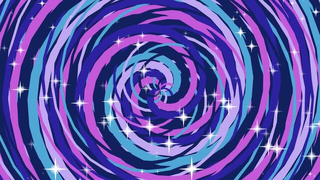 Vibrant spiral pattern with swirling shapes and stars in a dynamic abstract illustration