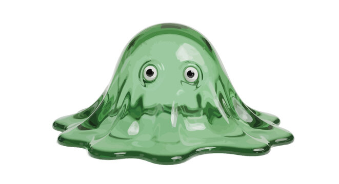 Delightful green glass object resembling a cartoonish blob monster with big expressive eyes sits isolated against a pure white background.