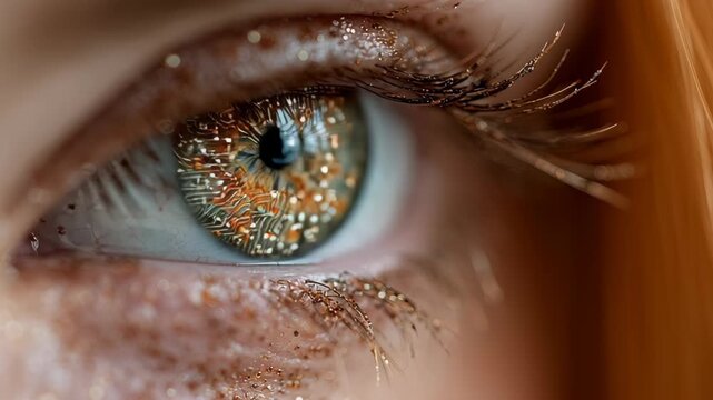 An extreme close-up of a human eye reflecting intricate electronic circuitry patterns. the detailed view highlights futuristic technology and the concept of digital innovation, merging organic and tec