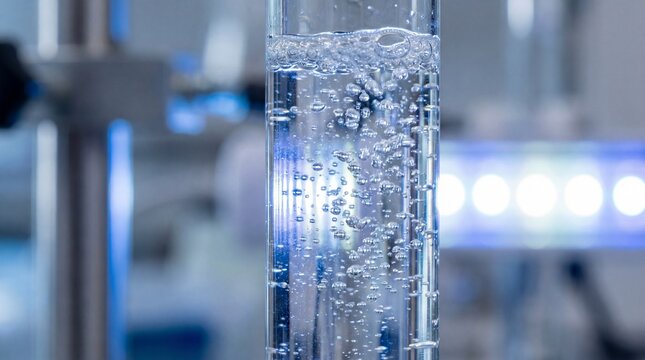 Bubbling water in a lab tube with science lab setting, illustrating the science process, the beauty of fluid dynamics, and the pursuit of scientific knowledge.