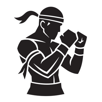 Muay Thai Fighter Silhouette - Defensive Stance with Armbands and Headband