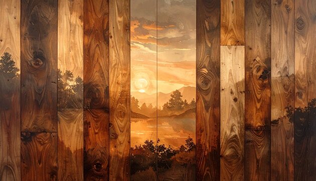 Wooden Sunset Canvas: An artistic sunset scene painted on wooden panels, presenting a unique blend of nature and art. Capturing the tranquility of dusk with a warm, inviting glow.