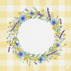 Obraz premium Delicate watercolor wildflower wreath featuring cornflowers, buttercups, and lavender on yellow gingham. Countryside floral frame.