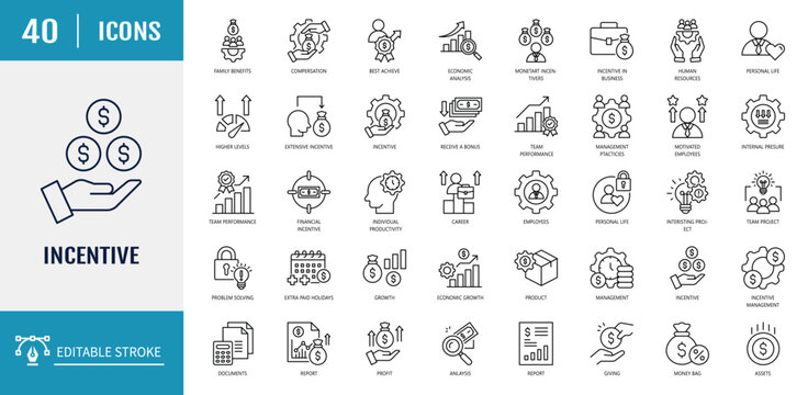 Incentive icon set. Includes higher level performance, human resources, management practice, employee icon. Outline icon set. Vector illustration with editable stroke