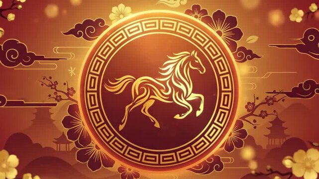 Glowing circular horse emblem with floral branches and clouds on red background representing lunar new year zodiac symbol in traditional decorative style