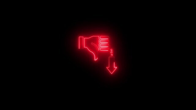 Neon red thumb down dislike with download arrow on black background symbol