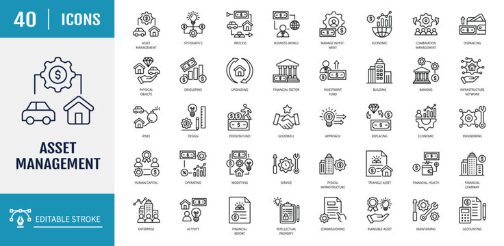 Asset management icon set. Includes systematic, approach, human capital, physical objects, buildings, equipment and more. Outline icon set. Vector illustration with editable stroke