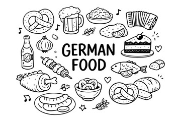 German food doodle set, hand drawn Germany cuisine symbols, Oktoberfest snacks and traditional meals in line art style