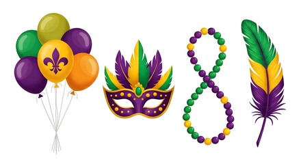 Obraz premium Mardi gras party decorations with balloons, mask, beads and feather on white background