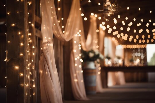 Draped sheer fabric and warm string lights decorating a barn interior for a special event