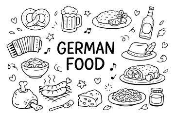 German food doodle set, hand drawn Germany cuisine symbols, Oktoberfest snacks and traditional meals in line art style