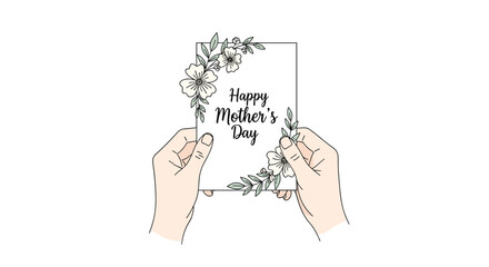 Obraz premium Two gentle hands delicately holding a beautiful Happy Mother's Day greeting card elegantly adorned with intricate floral and leafy vine decorations conveying heartfelt, Generative AI.