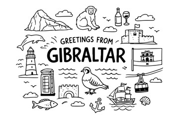 Gibraltar travel doodle set, hand drawn symbols and landmarks of the Rock, monkeys and nautical icons in line art style
