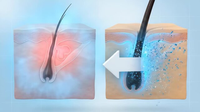 Hair follicle inflammation comparison showing clogged pore and clean follicle structure in medical skin cross section diagram illustration