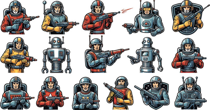 Collection of retro science fiction space adventurers and vintage robots holding various futuristic laser blasters and ray guns ready for battle