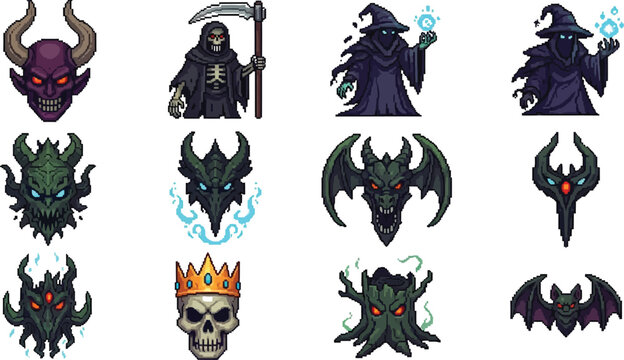 Collection of twelve distinct pixel art fantasy game icons featuring various menacing characters monsters and magical evil symbols for user interfaces