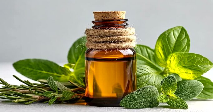 A bottle of herbal extract with fresh green leaves on a white surface
