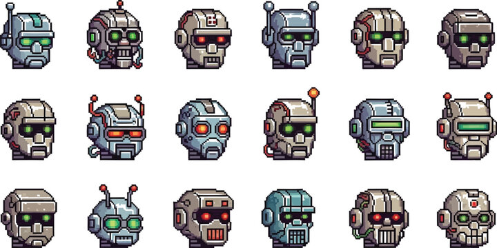 A collection of eighteen distinct pixel art robot heads showcasing various retro futuristic designs perfect for gaming assets or interface icons