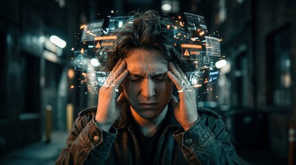 A person's head surrounded by holographic data in a dark alley, experiencing a mental overload, captured the essence of overthinking in a photorealistic style.