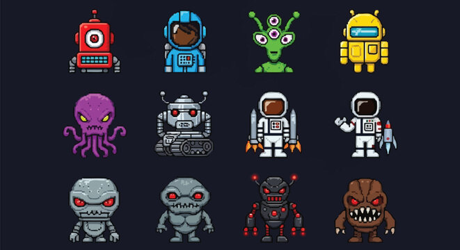Collection of twelve distinct pixel art characters featuring various retro style robots astronauts aliens and fearsome monsters for game design assets