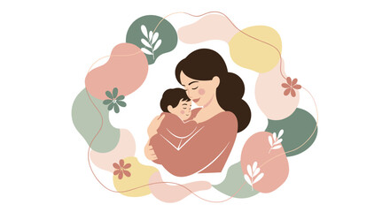 Obraz premium A heartwarming illustration of a serene mother tenderly embracing her baby elegantly framed by a harmonious composition of soft abstract organic shapes and delicate floral, Generative AI.