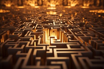 Fototapeta premium Gold toned maze with light emanating from its center, representing challenge and strategy