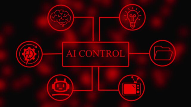 A I Control Concept with Brain, Lightbulb, Robot, and Media on Dark Background ai control artificial intelligence