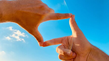 Hands framing a vibrant, expansive sky. The frame, created by human hands, encompasses the limitless blue, celebrating the beauty of the natural world.