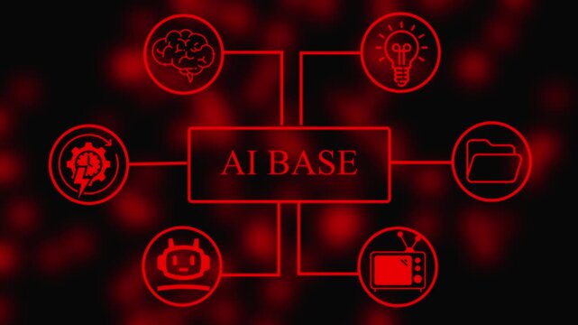 A I Base Concept with Brain, Light Bulb, Robot, and Technology on Dark Background artificial intelligence