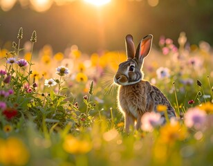 Fototapeta premium A fluffy rabbit sits amongst wildflowers, bathed in golden sunlight