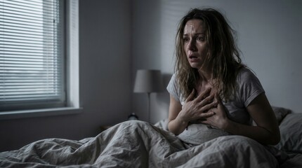Fototapeta premium Frightened sweaty woman suffering panic attack while waking up suddenly in a dark bedroom with copy space for mental health concept.