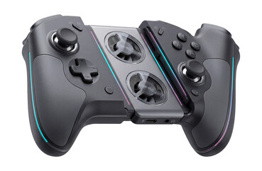 Foldable smartphone controller with integrated cooling fans and RGB lighting accents.