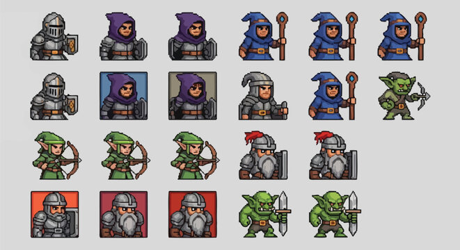 Collection of various pixel art fantasy game sprites featuring warriors mages elves dwarves and goblins for role playing
