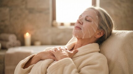 Obraz premium Senior woman applying a sheet mask relaxing in a luxurious spa environment for beauty and self-care concept.