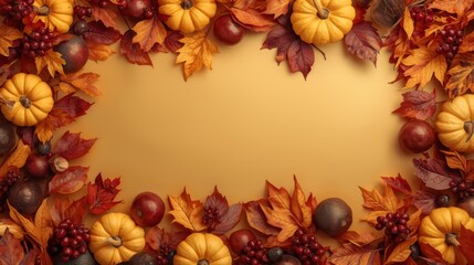 A beautiful autumn wreath made of various leaves, pumpkins, and acorns.