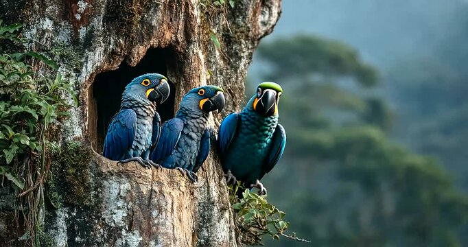 Two blue parrots sitting in a tree hollow