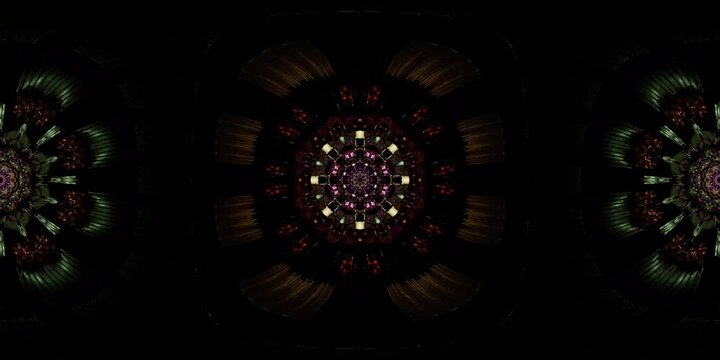 Immersive sacred geometry mandala VR 360 loop crafted as equirectangular environment map and HDRI spherical dome visual for spiritual metaverse worlds and VJ projection setups
