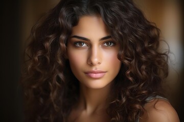 Naklejka premium Beautiful young woman with long curly brown hair looking directly at camera