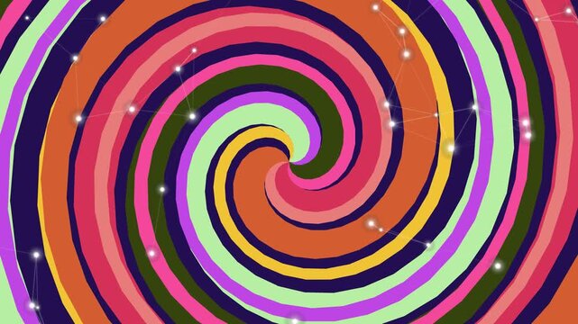 Vibrant abstract swirl pattern with colorful concentric circles and white dots on a multicolored background, creating a dynamic visual effect.