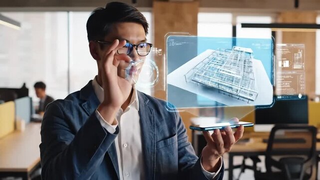 Architect reviewing a holographic building design in a modern office futuristic technology and innovation for construction engineering and architectural visualization