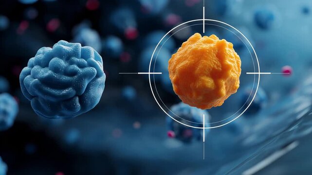 Targeted cancer cell among healthy cells, medical research concept with highlighted tumor focus, biotechnology, oncology diagnostics, precision medicine and scientific analysis background