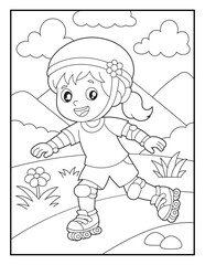 Cartoon Girl Roller Skating in a Park Coloring Page for Kids. Clean Bold Outline Art for Children.