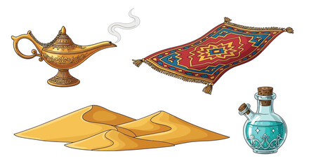 A magic lamp flying carpet sand dunes and potion bottle illustration © Vactor media 
