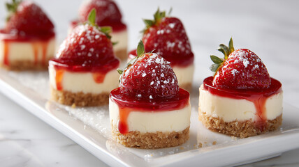 白い皿に並ぶ苺のミニチーズケーキを昼の窓光で撮影した接写