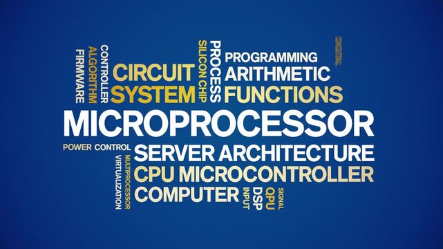 Microprocessor animated word cloud-text design animation tag kinetic typography seamless loop.